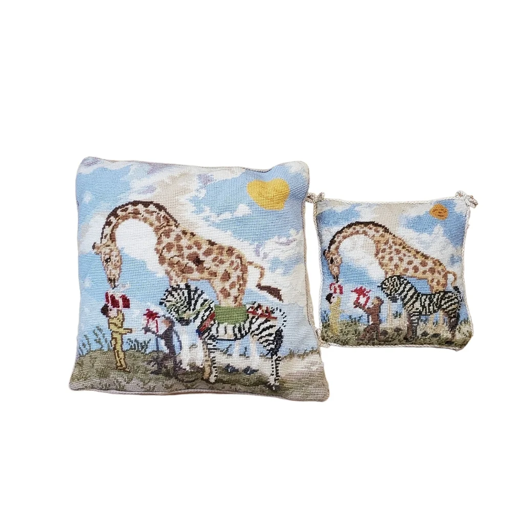 Katha Diddel Vintage‎ Giraffe Zebra Scene Needlepoint Pillows Set Of 2